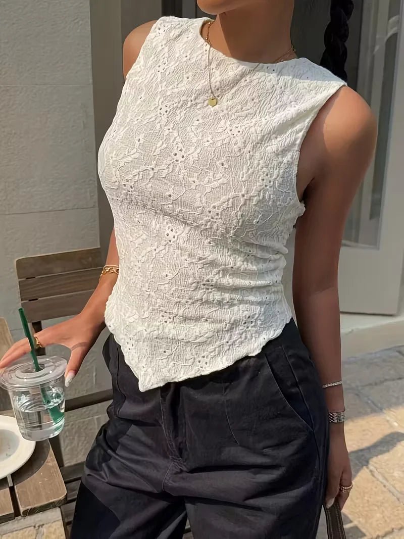 SaneShoppe - Women's Y2K cream double - layer lace slim shoulder strap vest - asymmetrical hem, round neck, lightweight summer shirt,