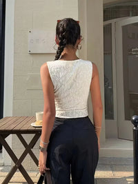 SaneShoppe - Women's Y2K cream double - layer lace slim shoulder strap vest - asymmetrical hem, round neck, lightweight summer shirt,