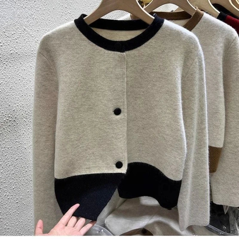 SaneShoppe-Xiaoxiangfeng Women's Contrast Sweater Jacket for Cozy Style in Autumn Winter Spring