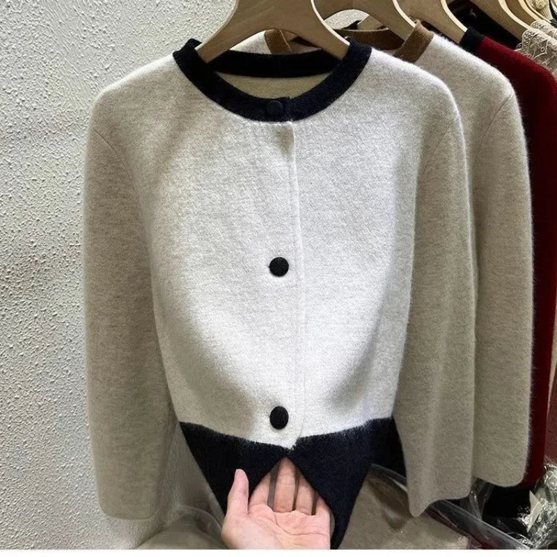 SaneShoppe-Xiaoxiangfeng Women's Contrast Sweater Jacket for Cozy Style in Autumn Winter Spring