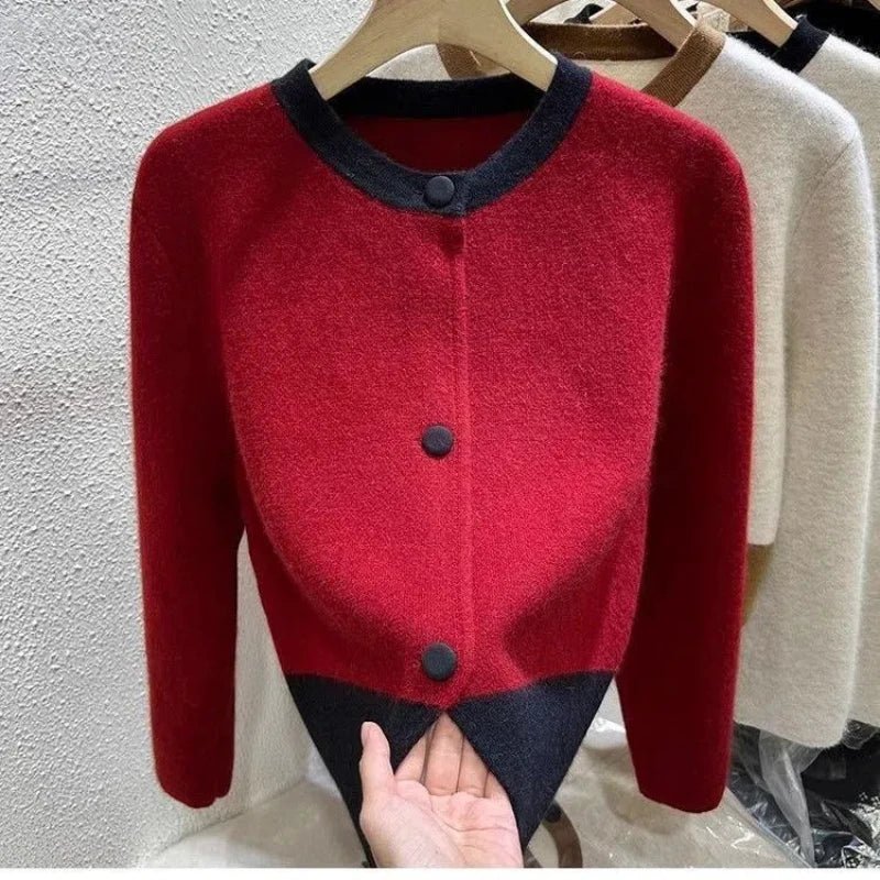 SaneShoppe-Xiaoxiangfeng Women's Contrast Sweater Jacket for Cozy Style in Autumn Winter Spring