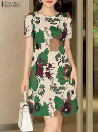 SaneShoppe - ZANZEA Elegant Women Knee - length Dresses 2025 Fashion Casual Short Sleeve Floral Print Party Dress O - Neck Holiday Robes Femme