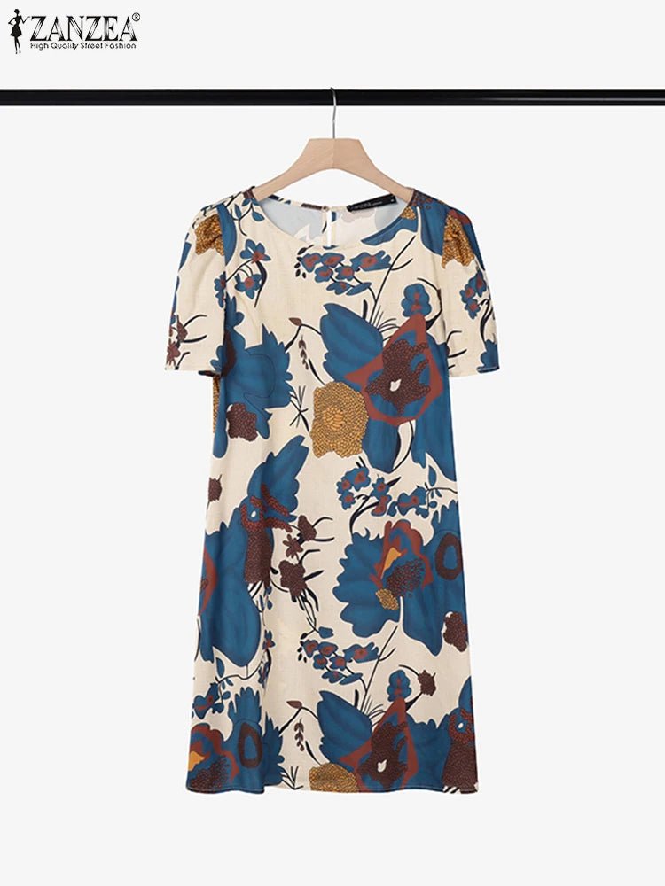 SaneShoppe - ZANZEA Elegant Women Knee - length Dresses 2025 Fashion Casual Short Sleeve Floral Print Party Dress O - Neck Holiday Robes Femme