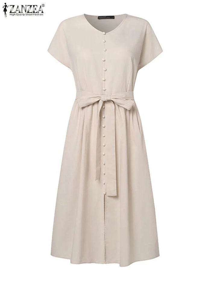 SaneShoppe - ZANZEA Woman Fashion Solid Dress Short Sleeve O - Neck Dresses Summer Elegant A Line Sundress Vintage Office OL Vestidos Oversized