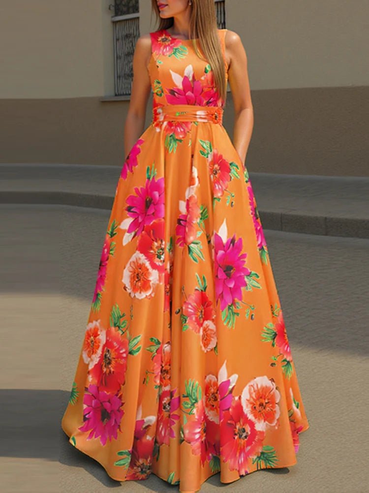 SaneShoppe - ZANZEA Women Floral Printed Bohemian Sundress 2026 Summer Tank Dress Fashion Sleeveless Waisted Robe Casual Party Maxi Dresses