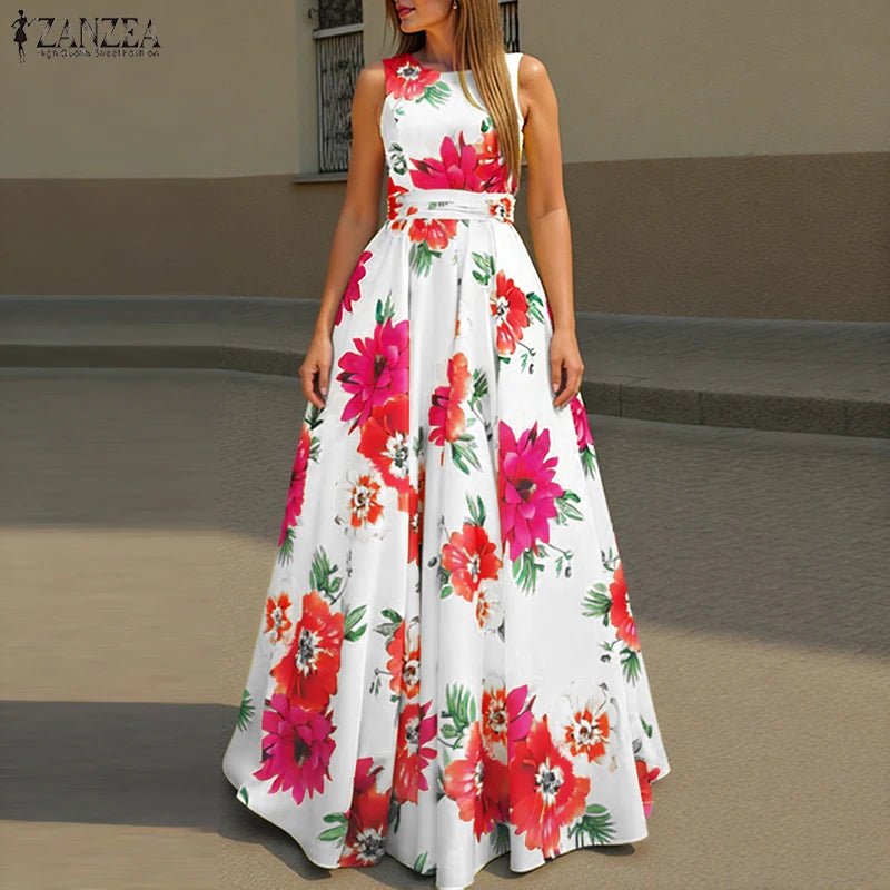 SaneShoppe - ZANZEA Women Floral Printed Bohemian Sundress 2026 Summer Tank Dress Fashion Sleeveless Waisted Robe Casual Party Maxi Dresses