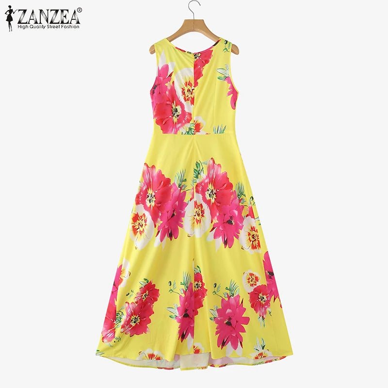 SaneShoppe - ZANZEA Women Floral Printed Bohemian Sundress 2026 Summer Tank Dress Fashion Sleeveless Waisted Robe Casual Party Maxi Dresses