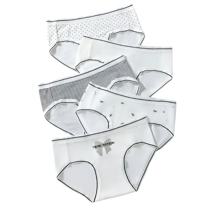 SaneShoppe - 5 - Pack Women's Cotton Panties: Breathable, Cute Print, Soft Low Waist Briefs.