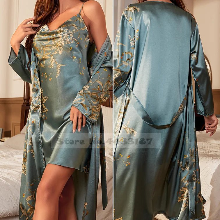 SaneShoppe - Attractive Female Twinset Satin Robe Set Featuring a Cherry Flower Print