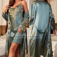 SaneShoppe - Attractive Female Twinset Satin Robe Set Featuring a Cherry Flower Print