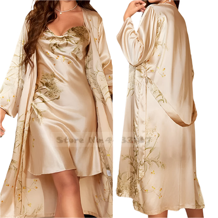 SaneShoppe - Attractive Female Twinset Satin Robe Set Featuring a Cherry Flower Print