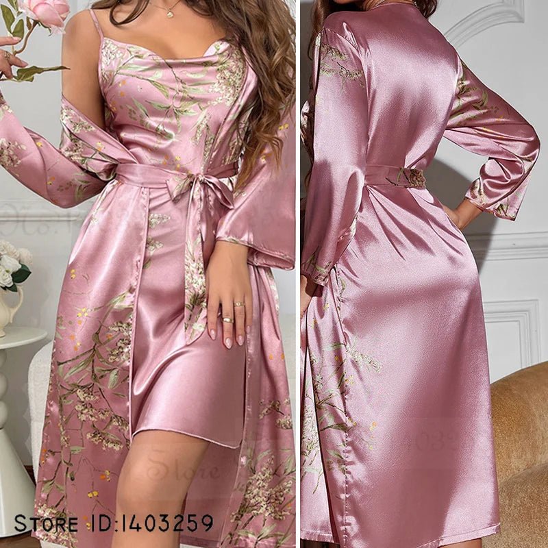SaneShoppe - Attractive Female Twinset Satin Robe Set Featuring a Cherry Flower Print