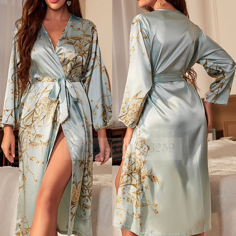 SaneShoppe - Attractive Female Twinset Satin Robe Set Featuring a Cherry Flower Print
