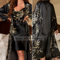 SaneShoppe - Attractive Female Twinset Satin Robe Set Featuring a Cherry Flower Print