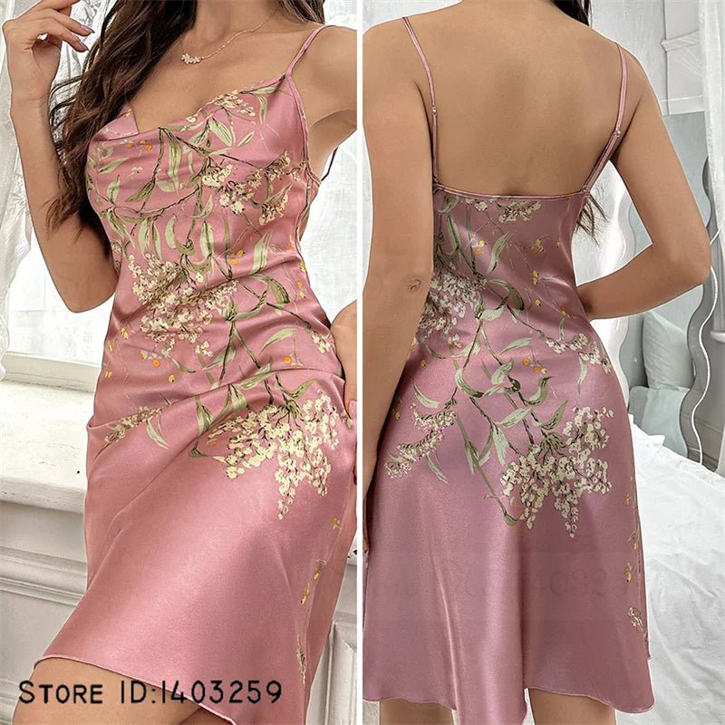 SaneShoppe - Attractive Female Twinset Satin Robe Set Featuring a Cherry Flower Print