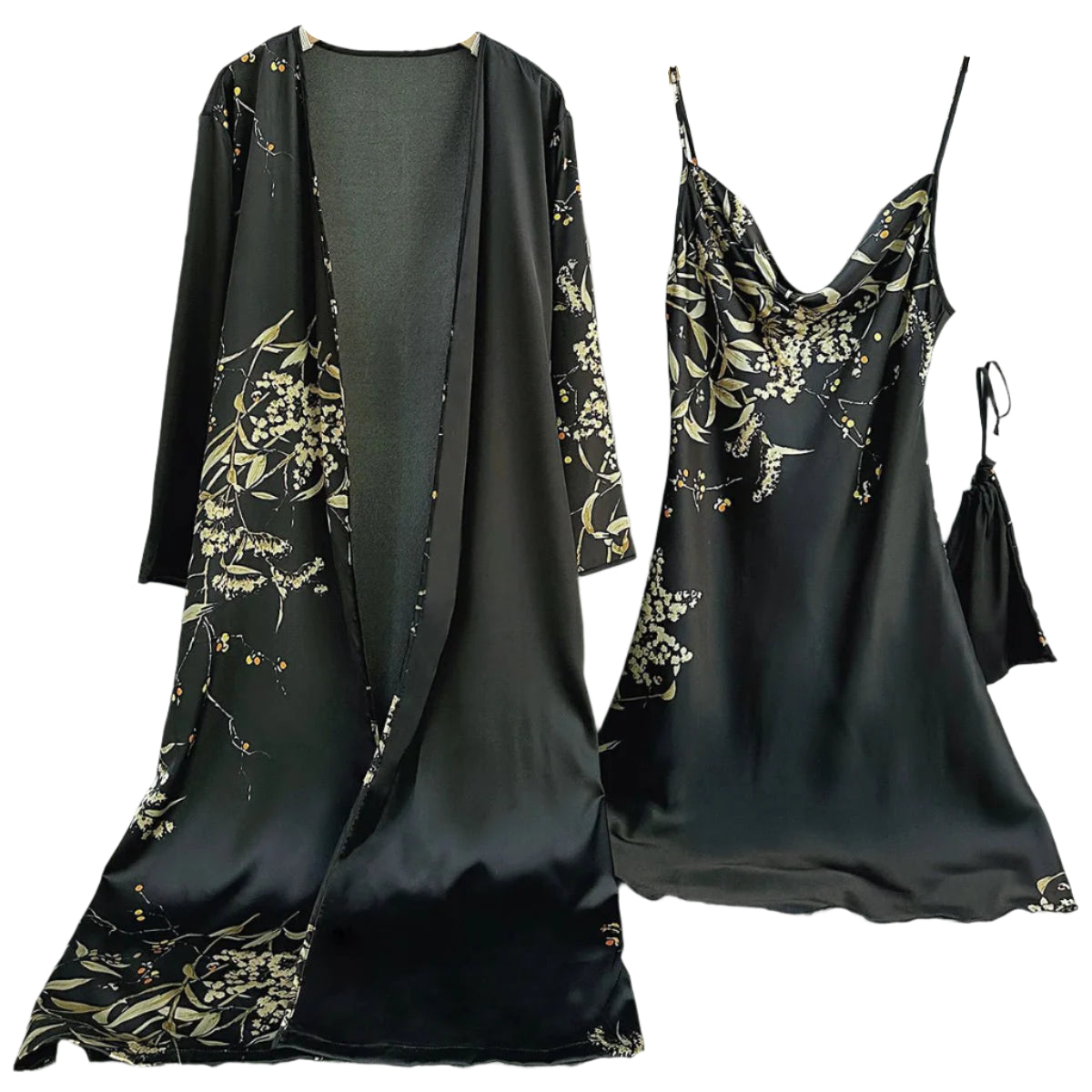 SaneShoppe - Attractive Female Twinset Satin Robe Set Featuring a Cherry Flower Print