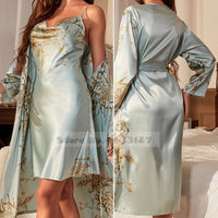 SaneShoppe - Attractive Female Twinset Satin Robe Set Featuring a Cherry Flower Print