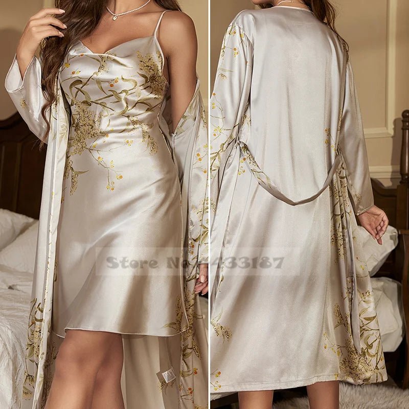 SaneShoppe - Attractive Female Twinset Satin Robe Set Featuring a Cherry Flower Print