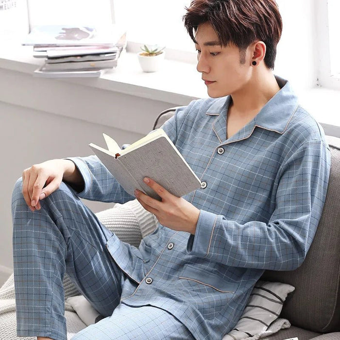 SaneShoppe - Cotton Men Pajamas Set Long - Sleeved Plus Size Plaid Sleepwear 2PCS/Set