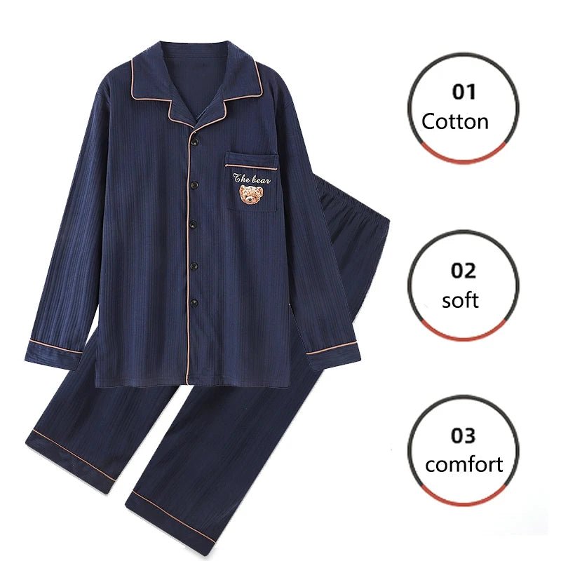 SaneShoppe - Cotton Men Pajamas Set Long - Sleeved Plus Size Plaid Sleepwear 2PCS/Set