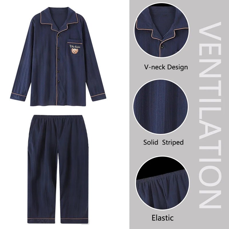 SaneShoppe - Cotton Men Pajamas Set Long - Sleeved Plus Size Plaid Sleepwear 2PCS/Set