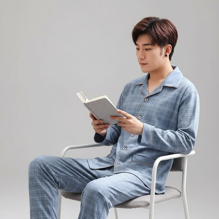 SaneShoppe - Cotton Men Pajamas Set Long - Sleeved Plus Size Plaid Sleepwear 2PCS/Set