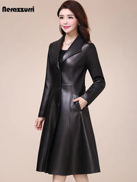 SaneShoppe - Elegant Nerazzurri Women's Faux Leather Jacket Long Black Soft Slim Fit Long Sleeve Button - Up for Spring and Autumn