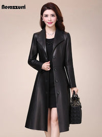 SaneShoppe - Elegant Nerazzurri Women's Faux Leather Jacket Long Black Soft Slim Fit Long Sleeve Button - Up for Spring and Autumn