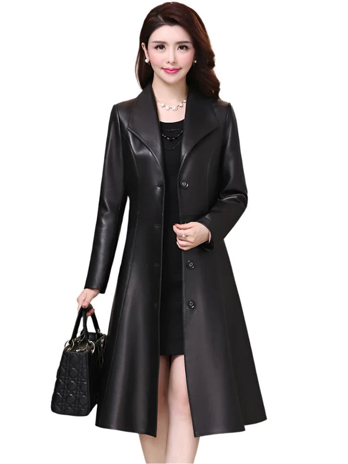 SaneShoppe - Elegant Nerazzurri Women's Faux Leather Jacket Long Black Soft Slim Fit Long Sleeve Button - Up for Spring and Autumn