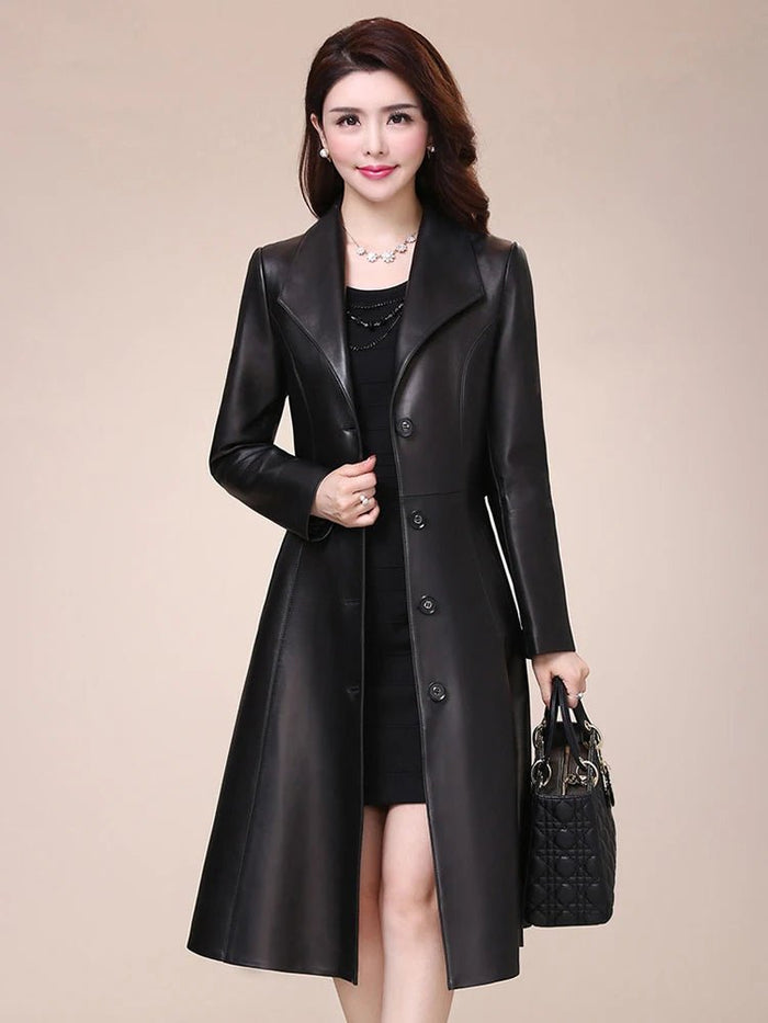 SaneShoppe - Elegant Nerazzurri Women's Faux Leather Jacket Long Black Soft Slim Fit Long Sleeve Button - Up for Spring and Autumn