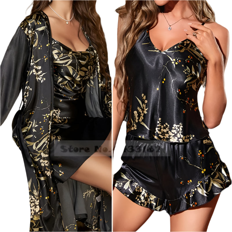 SaneShoppe - Female Four - Piece Set Loungewear: Sexy Print Cherry Satin Bathrobe Nightgown.
