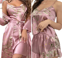 SaneShoppe Female Four - Piece Set Loungewear: Sexy Print Cherry Satin Bathrobe Nightgown.