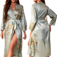 SaneShoppe - Female Four - Piece Set Loungewear: Sexy Print Cherry Satin Bathrobe Nightgown.