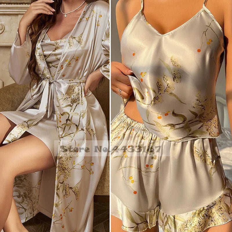 SaneShoppe - Female Four - Piece Set Loungewear: Sexy Print Cherry Satin Bathrobe Nightgown.