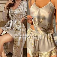 SaneShoppe - Female Four - Piece Set Loungewear: Sexy Print Cherry Satin Bathrobe Nightgown.
