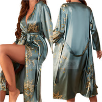 SaneShoppe - Female Four - Piece Set Loungewear: Sexy Print Cherry Satin Bathrobe Nightgown.