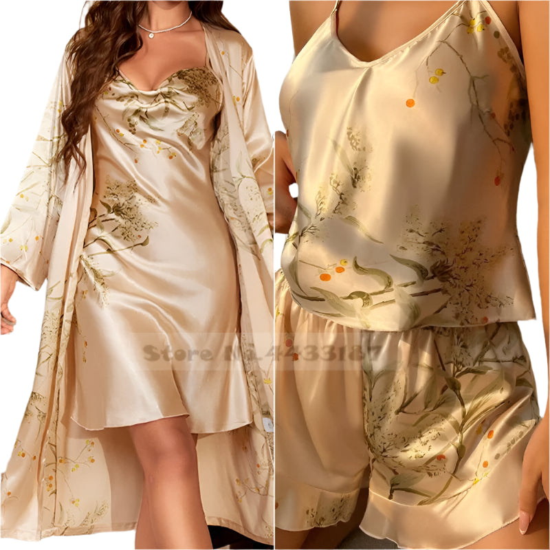 SaneShoppe - Female Four - Piece Set Loungewear: Sexy Print Cherry Satin Bathrobe Nightgown.