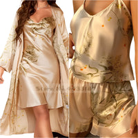 SaneShoppe - Female Four - Piece Set Loungewear: Sexy Print Cherry Satin Bathrobe Nightgown.