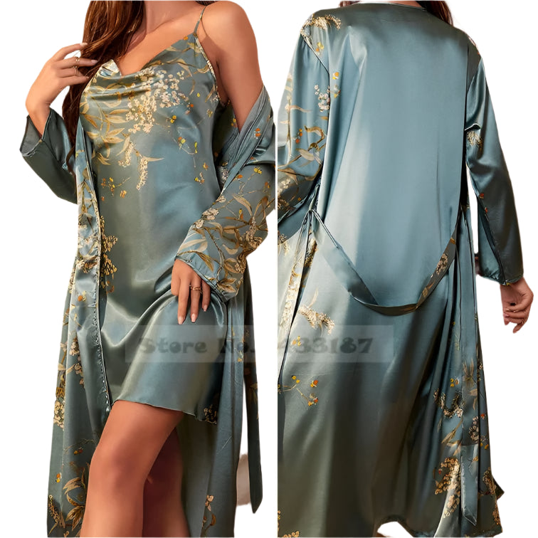 SaneShoppe - Female Four - Piece Set Loungewear: Sexy Print Cherry Satin Bathrobe Nightgown.