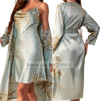 SaneShoppe - Female Four - Piece Set Loungewear: Sexy Print Cherry Satin Bathrobe Nightgown.
