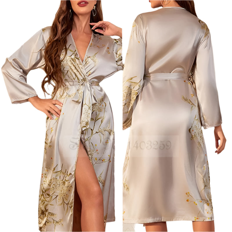 SaneShoppe - Female Four - Piece Set Loungewear: Sexy Print Cherry Satin Bathrobe Nightgown.