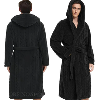 SaneShoppe - Jacquard Flannel Men Robe Plush Coral Fleece Hooded Bathrobe Gown.