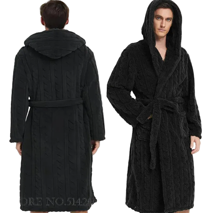 SaneShoppe - Jacquard Flannel Men Robe Plush Coral Fleece Hooded Bathrobe Gown.