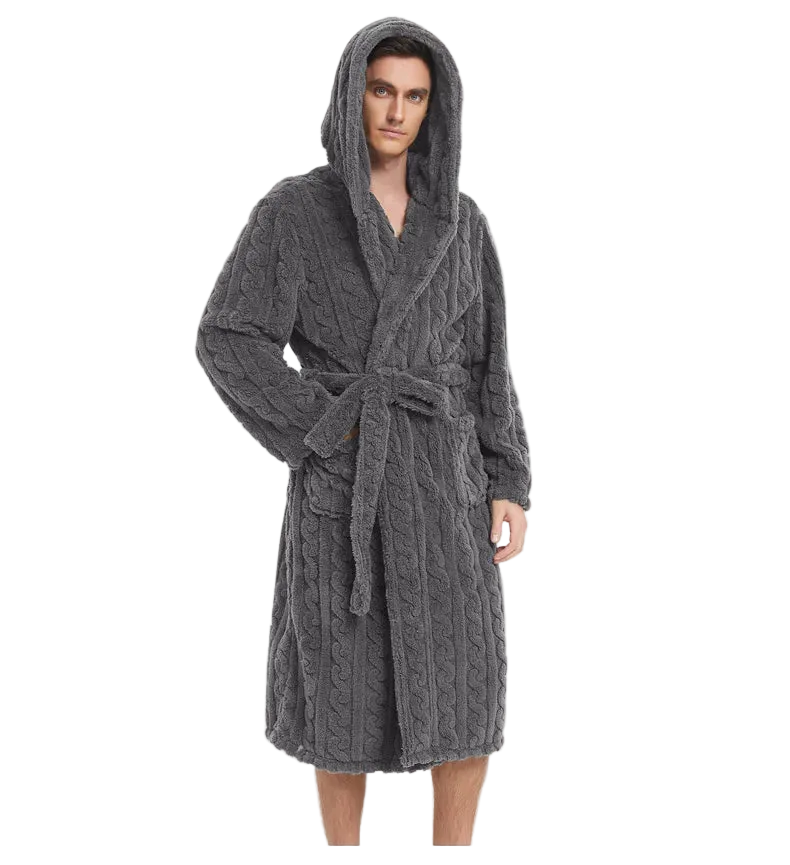 SaneShoppe - Jacquard Flannel Men Robe Plush Coral Fleece Hooded Bathrobe Gown.