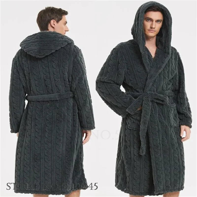 SaneShoppe - Jacquard Flannel Men Robe Plush Coral Fleece Hooded Bathrobe Gown.