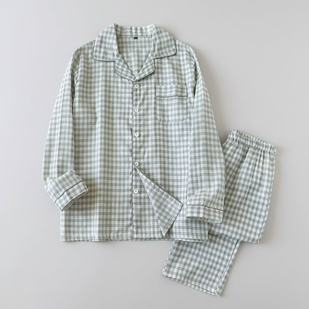 SaneShoppe - Japanese Plaid Cotton Pajama Set for Couples - Spring/Summer