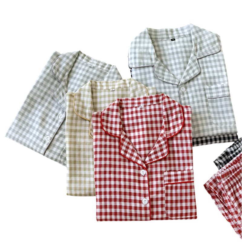 SaneShoppe Japanese Plaid Cotton Pajama Set for Couples - Spring/Summer
