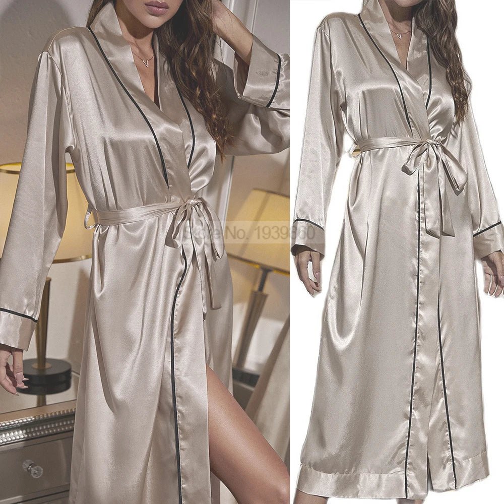 SaneShoppe - Kimono Bath Gown Satin Ultra Long Robe Women Nightgown Wedding Party Loungewear