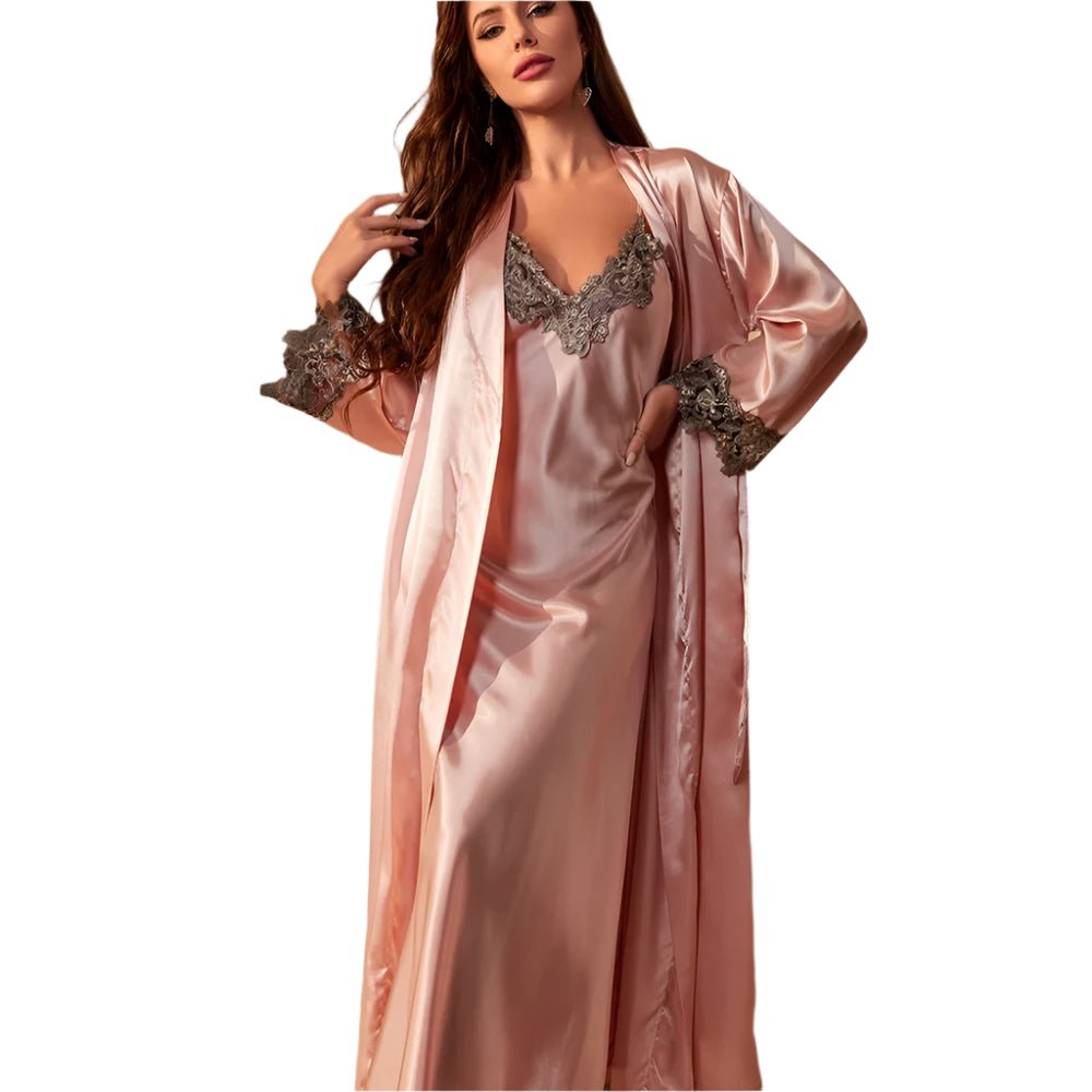 SaneShoppe - Long Twinset Robe Set with Lace Trim Nightdress, Satin Home Wear