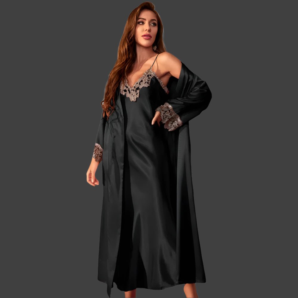 SaneShoppe - Long Twinset Robe Set with Lace Trim Nightdress, Satin Home Wear